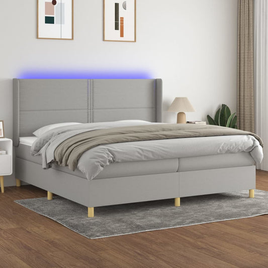 Box spring bed with mattress &amp; LED light grey 200x200 cm fabric