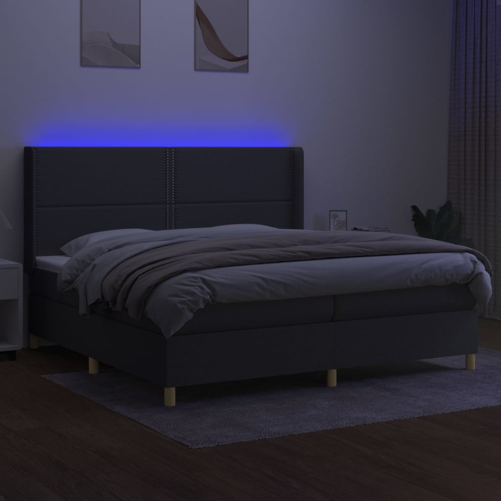 Box spring bed with mattress &amp; LED dark grey 200x200 cm fabric