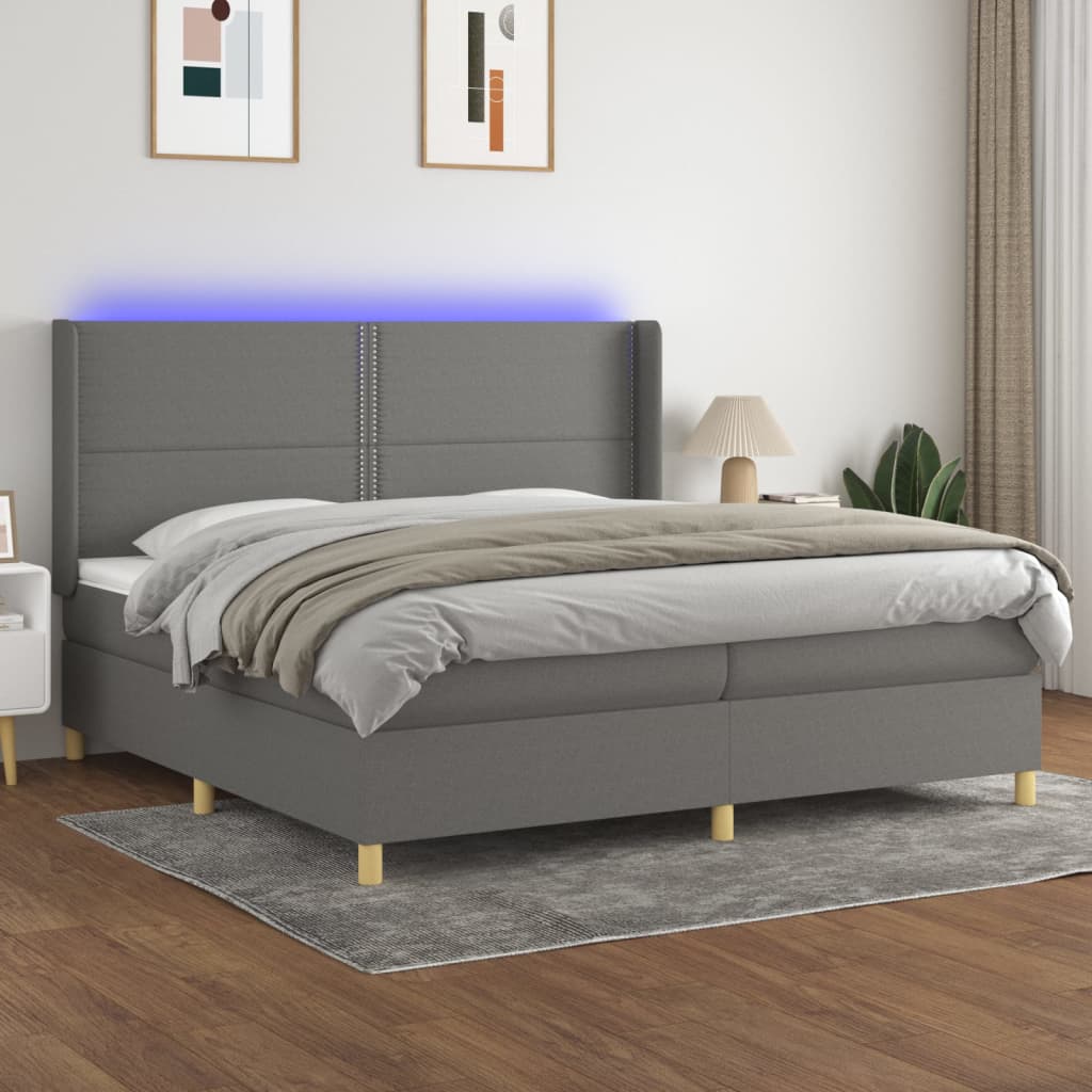 Box spring bed with mattress &amp; LED dark grey 200x200 cm fabric