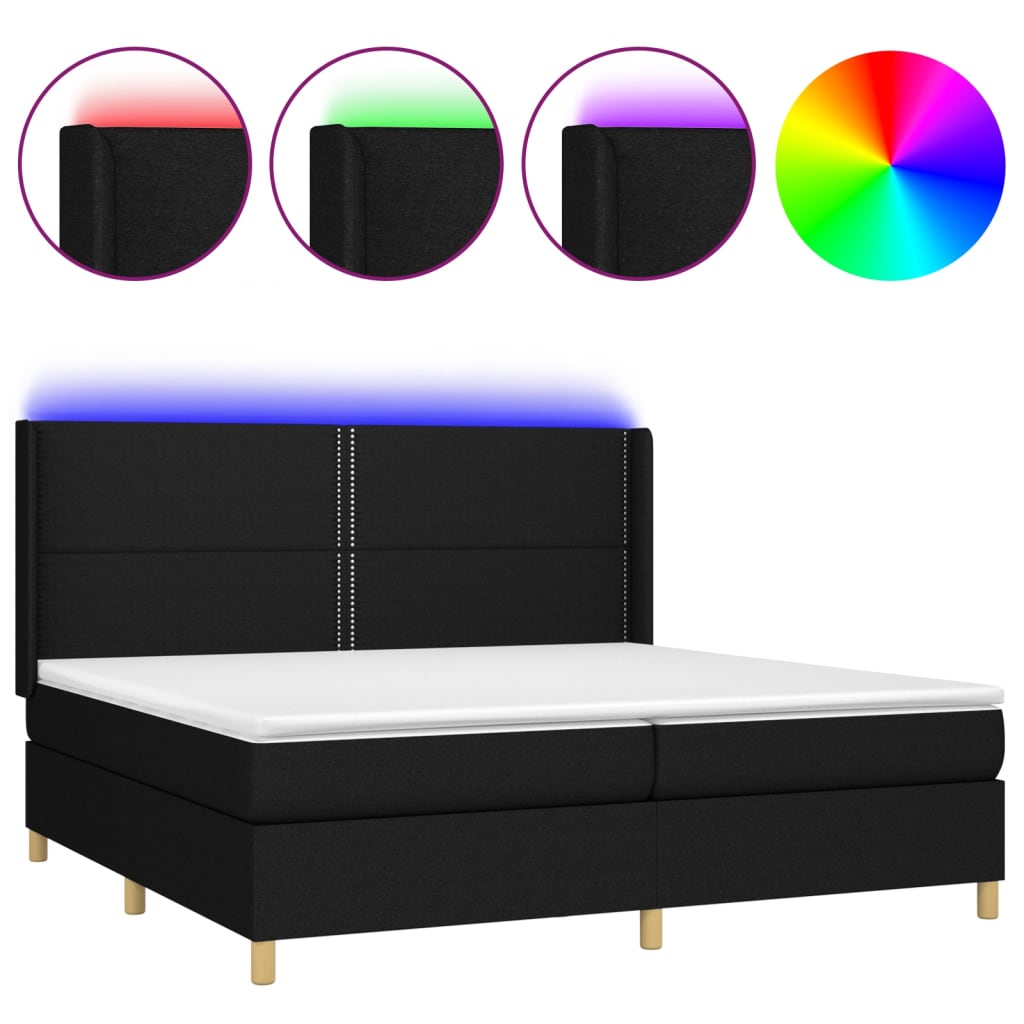 Box spring bed with mattress &amp; LED black 200x200 cm fabric