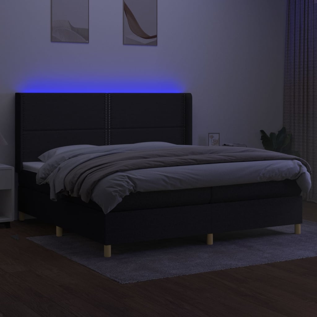 Box spring bed with mattress &amp; LED black 200x200 cm fabric