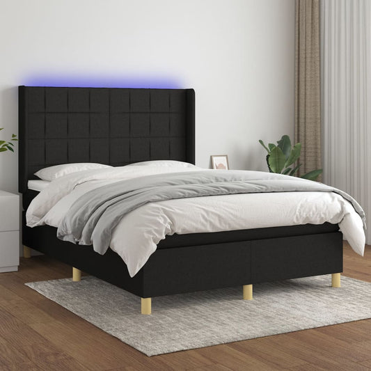 Box spring bed with mattress &amp; LED black 140x200 cm fabric