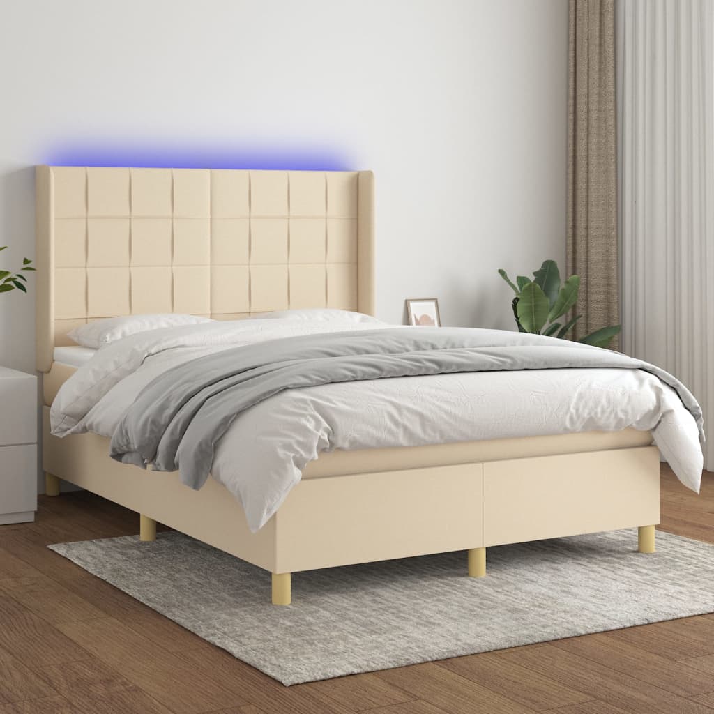 Box spring bed with mattress &amp; LED cream 140x200 cm fabric