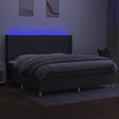 Box spring bed with mattress &amp; LED dark grey 200x200 cm fabric