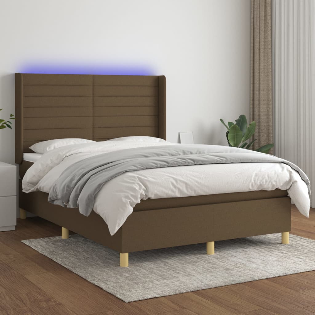 Box spring bed with mattress &amp; LED dark brown 140x200 cm fabric