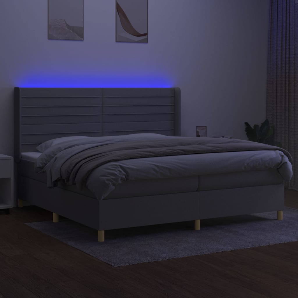 Box spring bed with mattress &amp; LED light grey 200x200 cm fabric