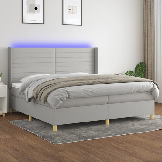 Box spring bed with mattress &amp; LED light grey 200x200 cm fabric