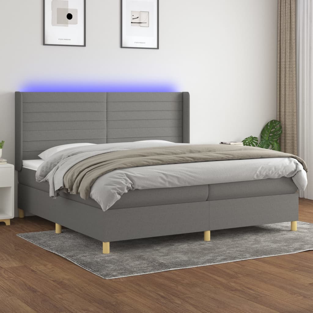 Box spring bed with mattress &amp; LED dark grey 200x200 cm fabric