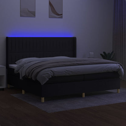 Box spring bed with mattress &amp; LED black 200x200 cm fabric