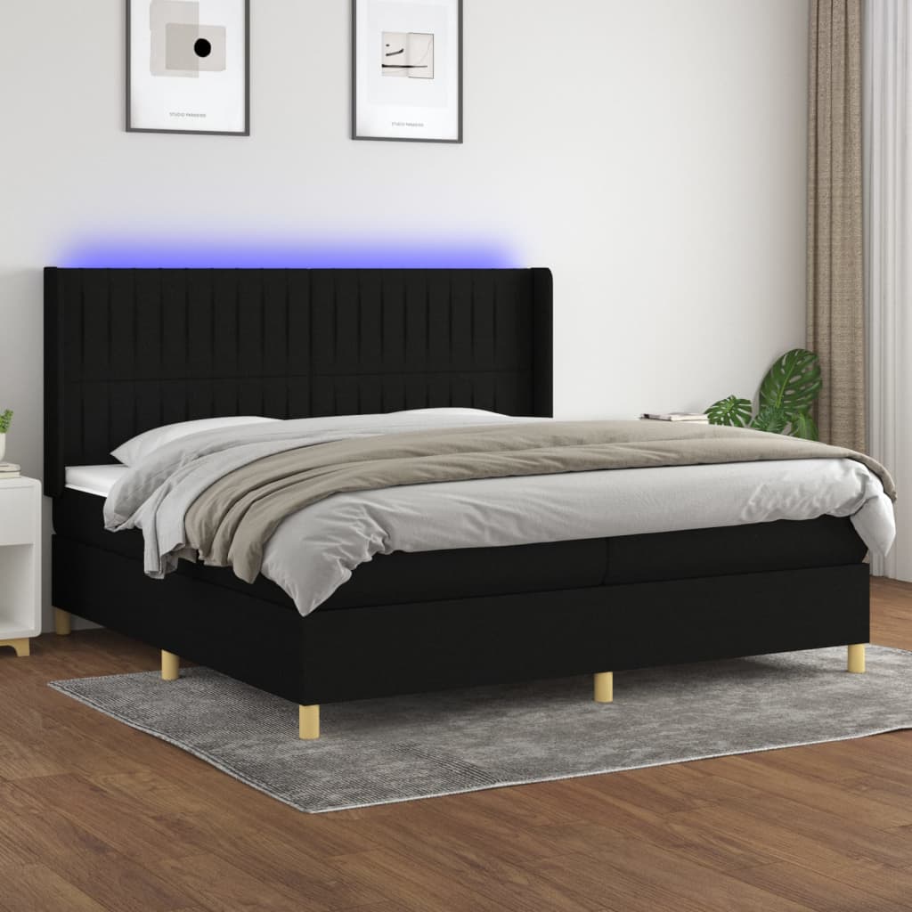 Box spring bed with mattress &amp; LED black 200x200 cm fabric