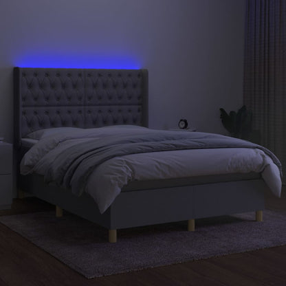 Box spring bed with mattress &amp; LED light grey 140x200 cm fabric