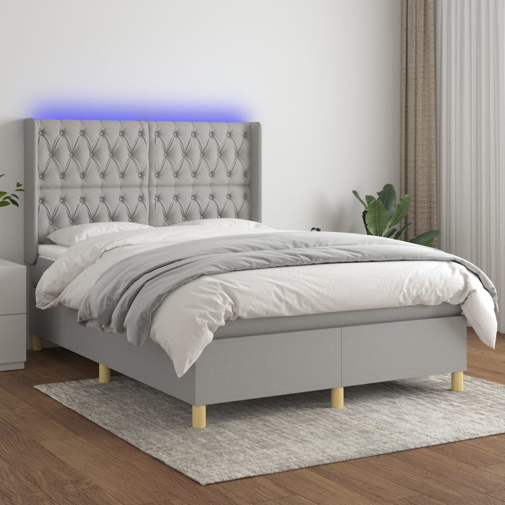 Box spring bed with mattress &amp; LED light grey 140x200 cm fabric