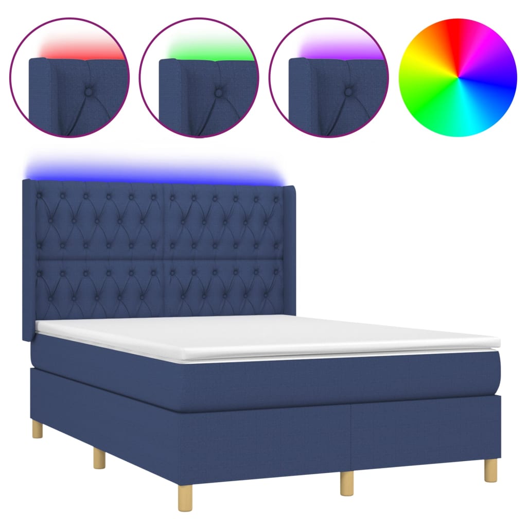 Box spring bed with mattress &amp; LED blue 140x200 cm fabric