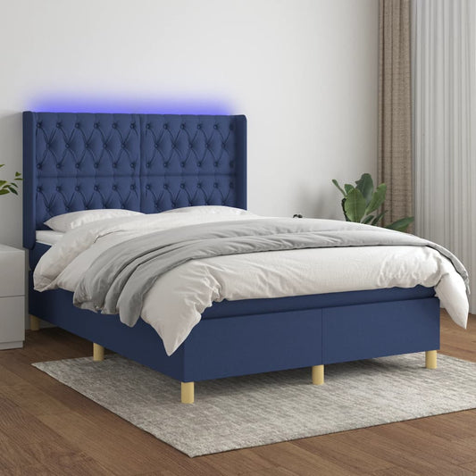 Box spring bed with mattress &amp; LED blue 140x200 cm fabric