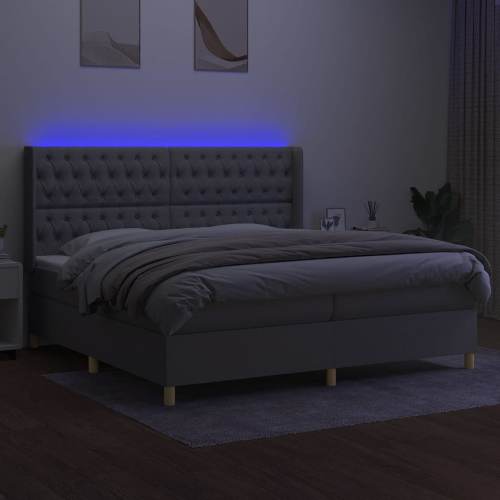 Box spring bed with mattress &amp; LED light grey 200x200 cm fabric