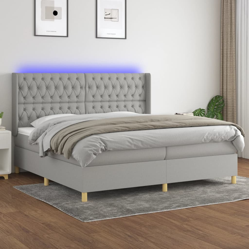 Box spring bed with mattress &amp; LED light grey 200x200 cm fabric