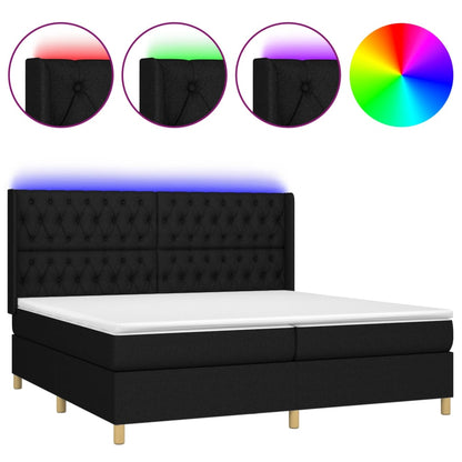 Box spring bed with mattress &amp; LED black 200x200 cm fabric