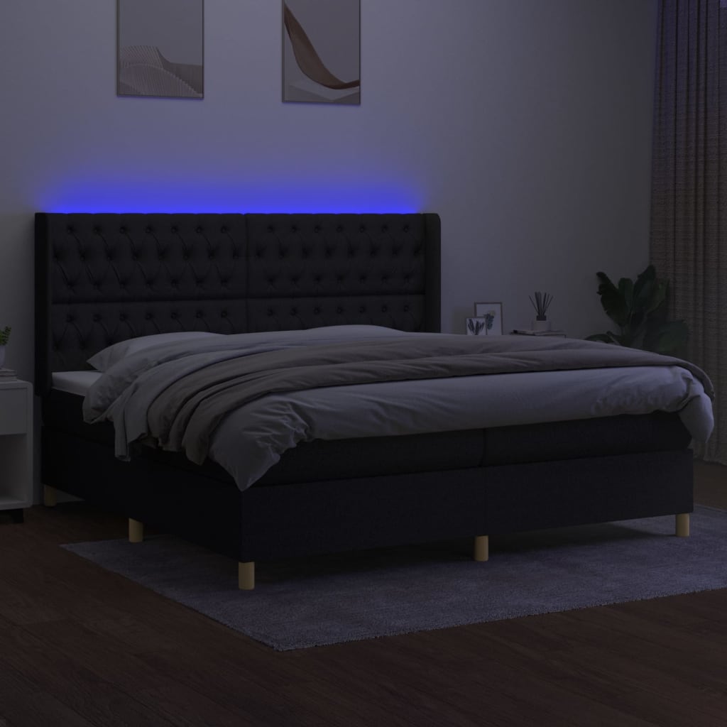 Box spring bed with mattress &amp; LED black 200x200 cm fabric