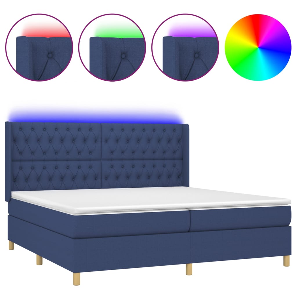 Box spring bed with mattress &amp; LED blue 200x200 cm fabric