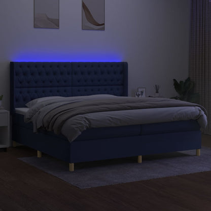 Box spring bed with mattress &amp; LED blue 200x200 cm fabric