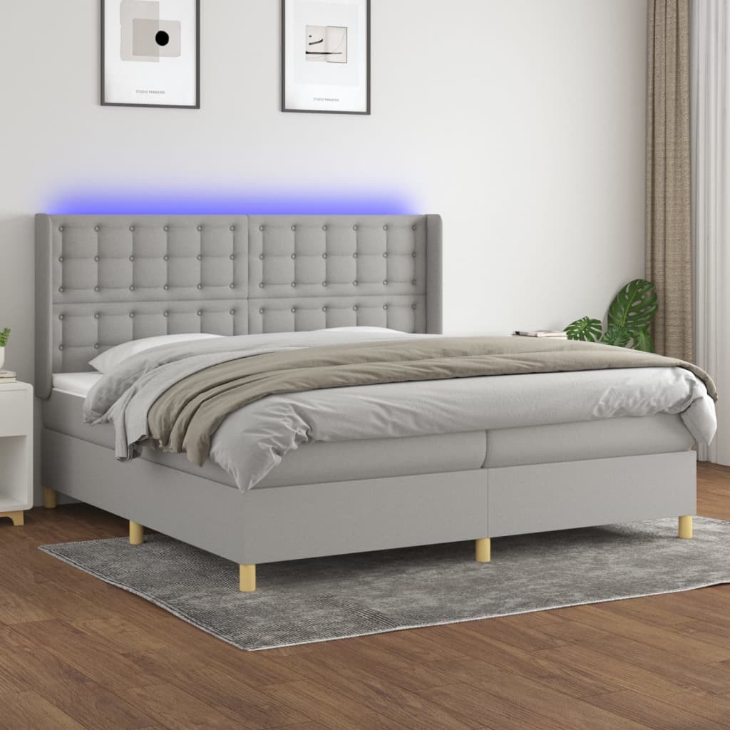 Box spring bed with mattress &amp; LED light grey 200x200 cm fabric