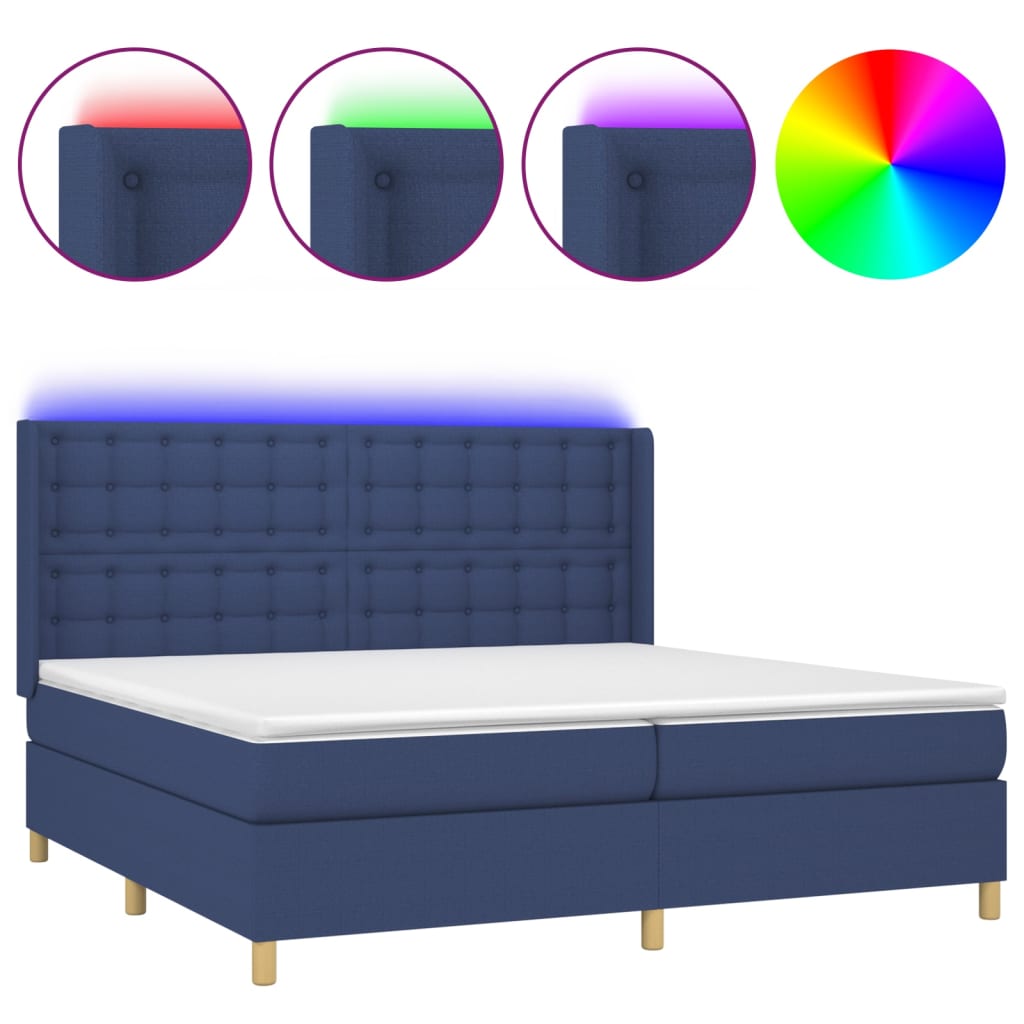 Box spring bed with mattress &amp; LED blue 200x200 cm fabric