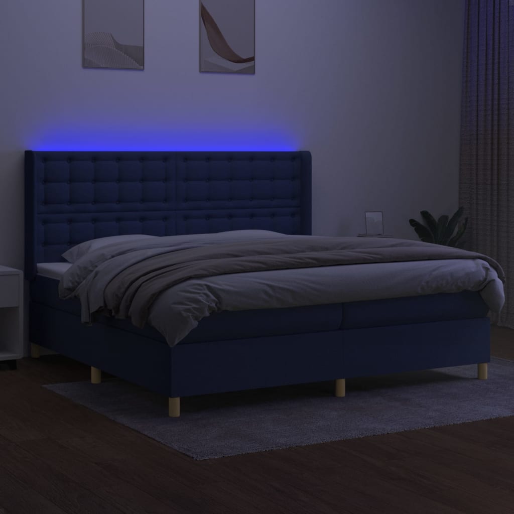 Box spring bed with mattress &amp; LED blue 200x200 cm fabric