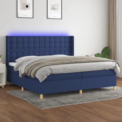 Box spring bed with mattress &amp; LED blue 200x200 cm fabric