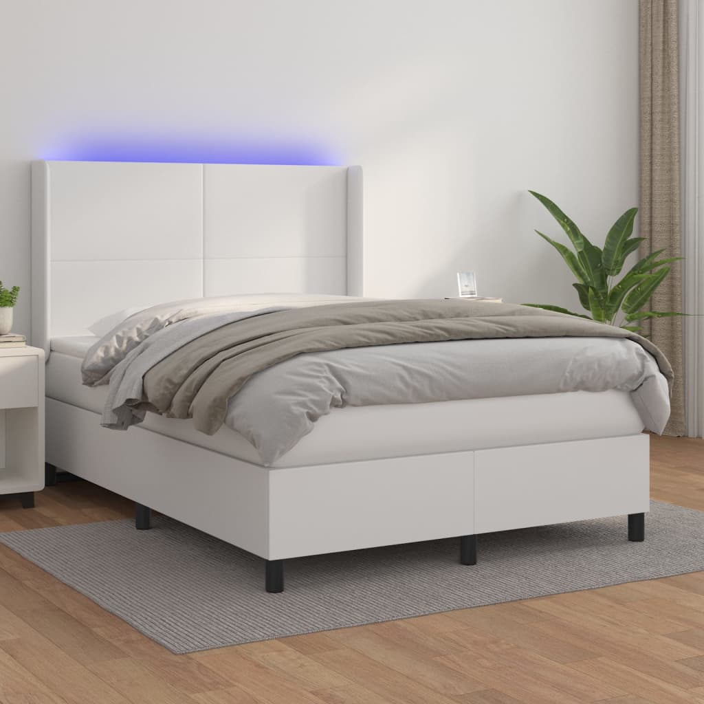 Box spring bed with mattress &amp; LED white 140x200 cm artificial leather