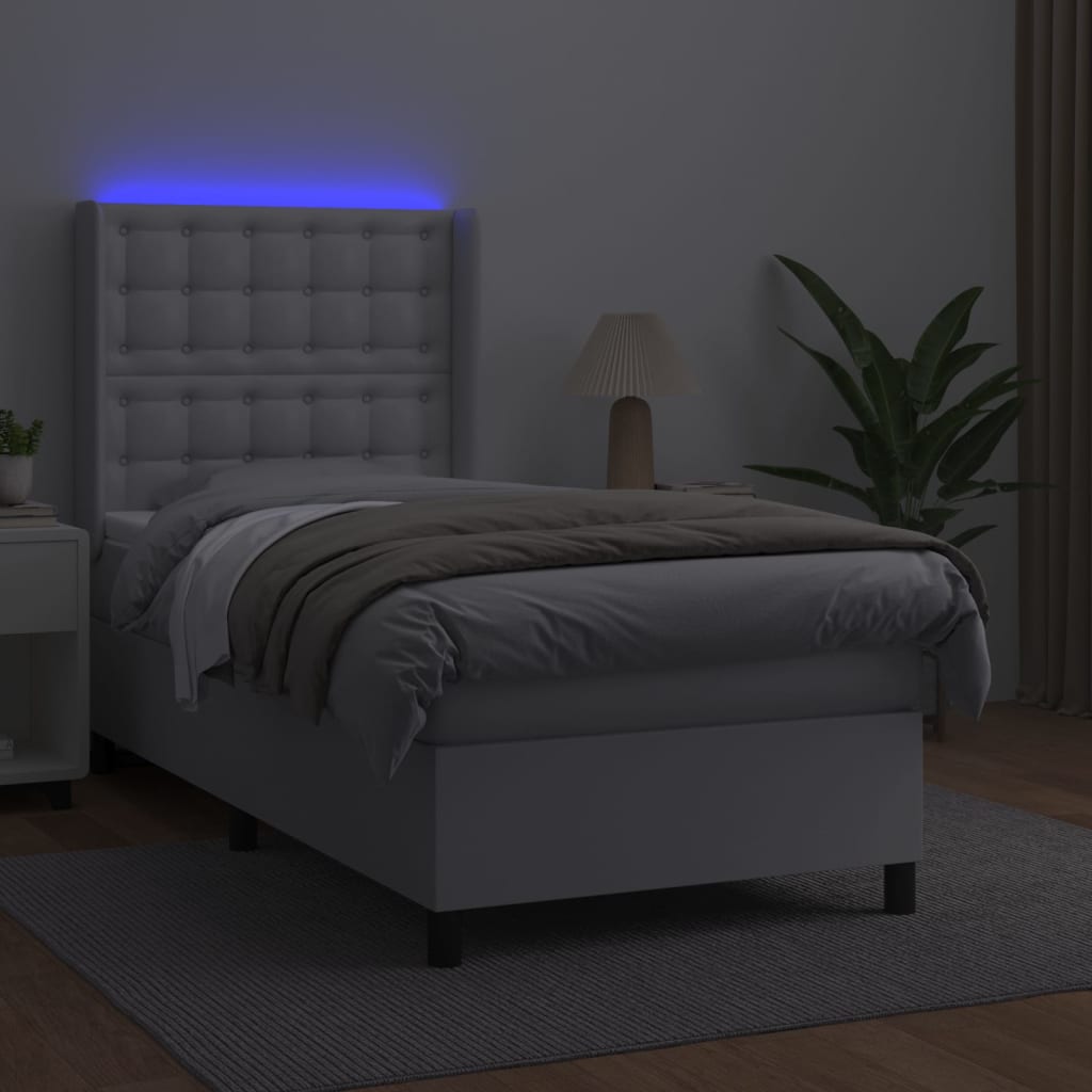 Boxspringbett mit Matratze & LED Weiß 90x200 cm Kunstleder