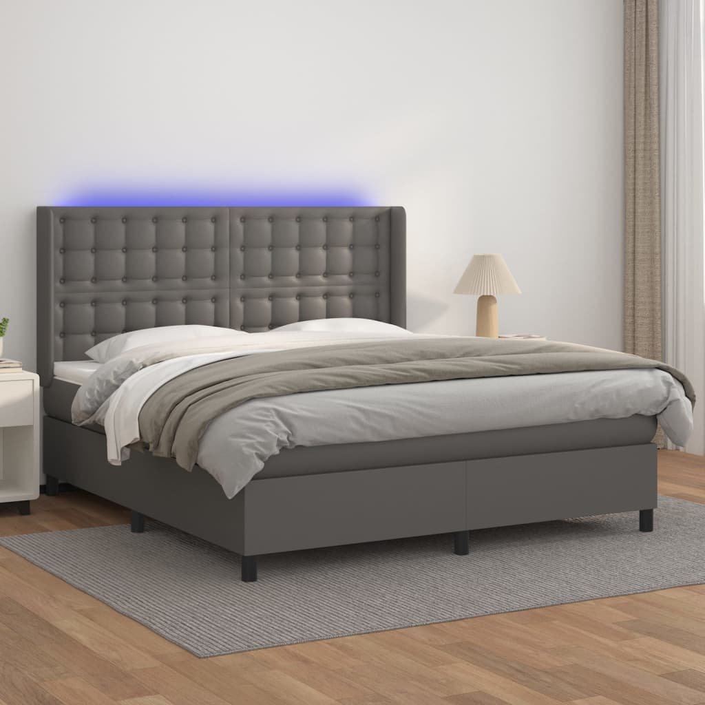 Box spring bed with mattress &amp; LED grey 180x200 cm artificial leather