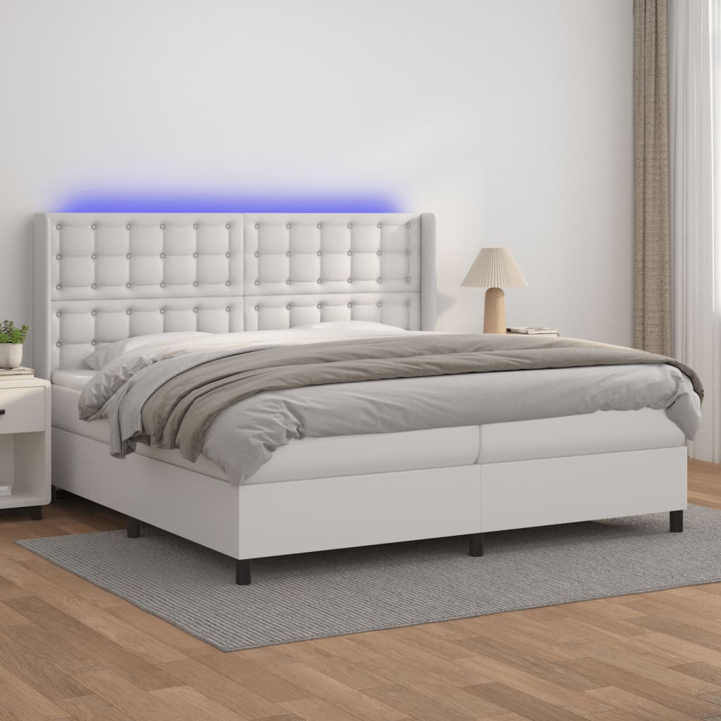 Box spring krevet s madracem i LED bijela umjetna koža 200x200 cm