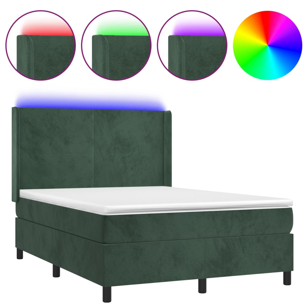 Box spring bed with mattress &amp; LED dark green 140x200 cm velvet