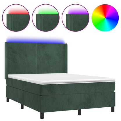 Box spring bed with mattress &amp; LED dark green 140x200 cm velvet