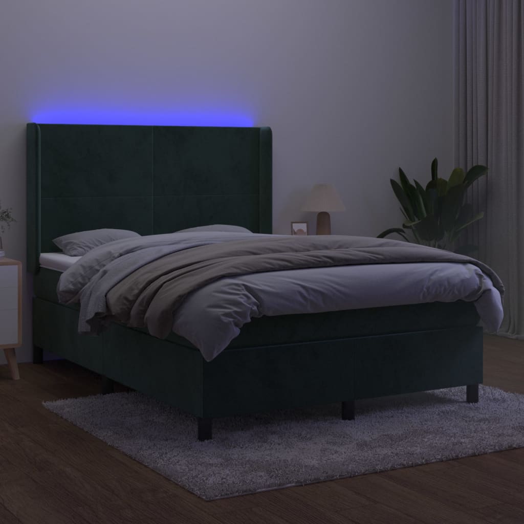 Box spring bed with mattress &amp; LED dark green 140x200 cm velvet