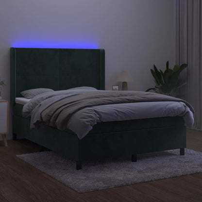 Box spring bed with mattress &amp; LED dark green 140x200 cm velvet