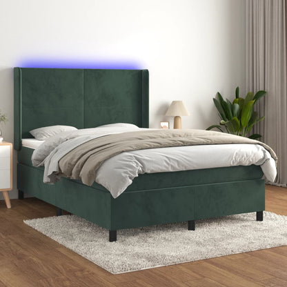 Box spring bed with mattress &amp; LED dark green 140x200 cm velvet