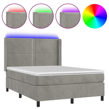 Box spring bed with mattress &amp; LED light grey 140x200 cm velvet