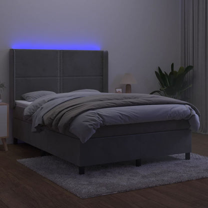 Box spring bed with mattress &amp; LED light grey 140x200 cm velvet