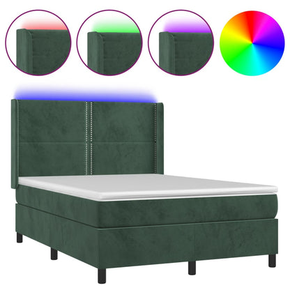 Box spring bed with mattress &amp; LED dark green 140x200 cm velvet