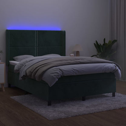 Box spring bed with mattress &amp; LED dark green 140x200 cm velvet