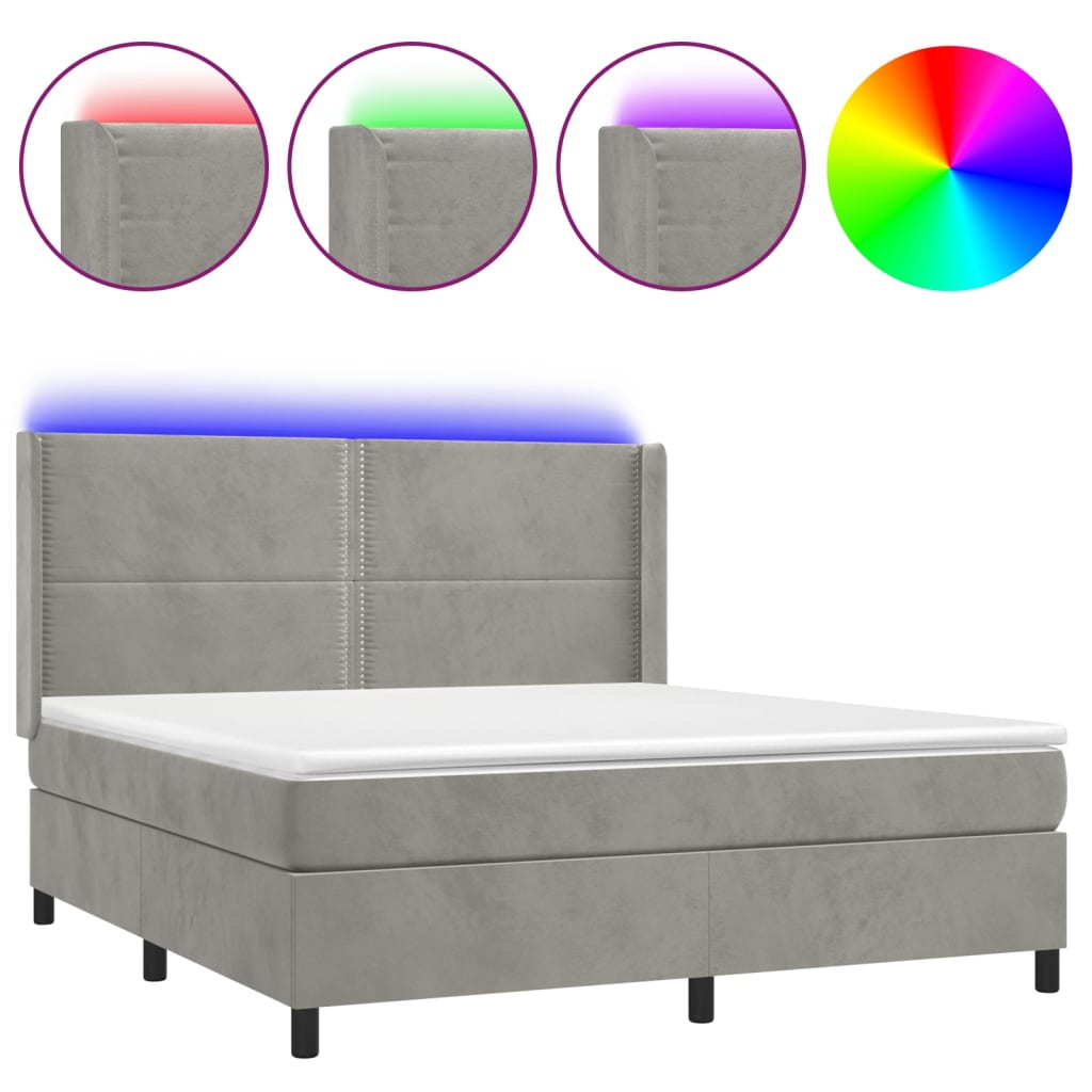 Box spring bed with mattress &amp; LED light grey 160x200 cm velvet