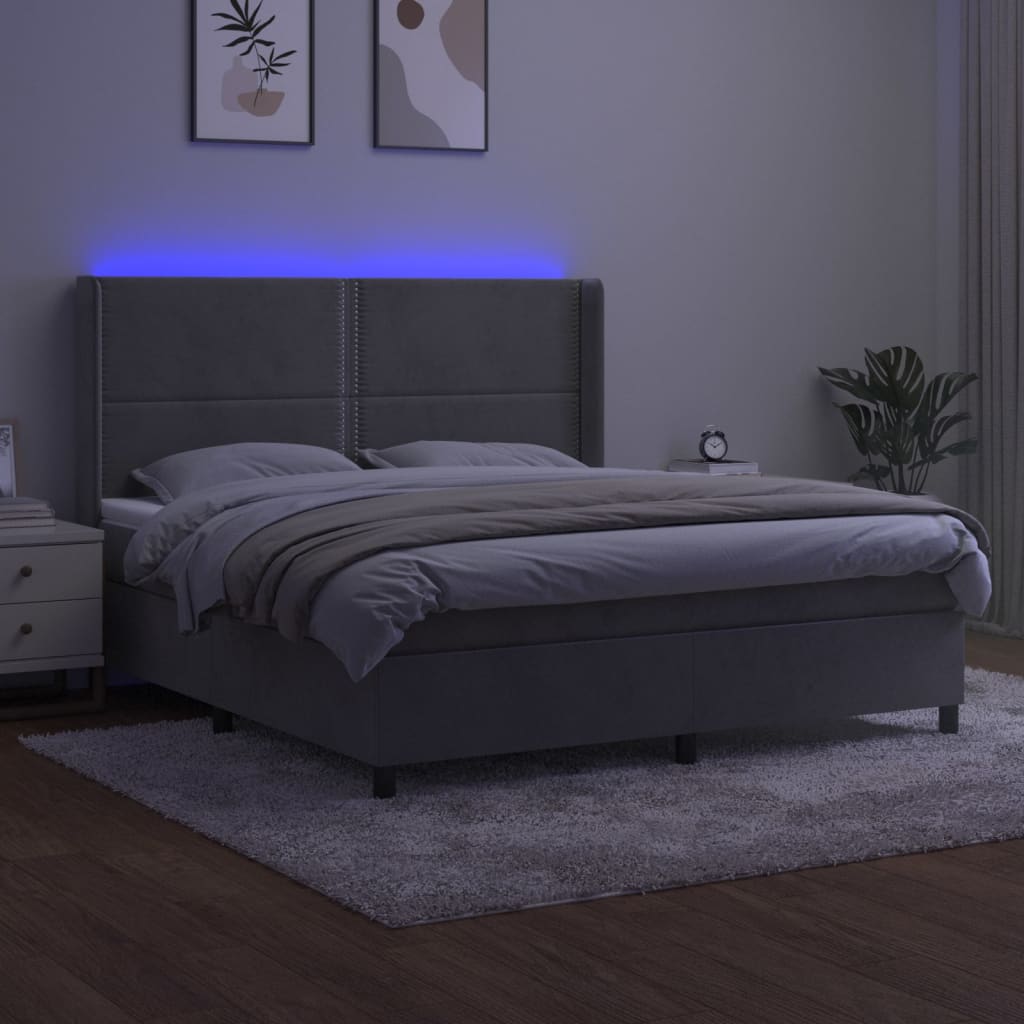 Box spring bed with mattress &amp; LED light grey 160x200 cm velvet