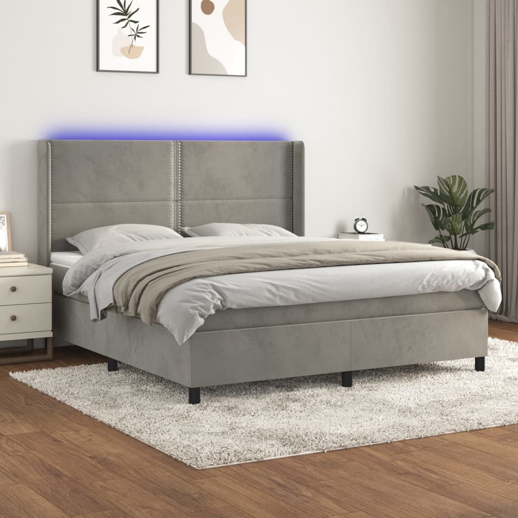 Box spring bed with mattress &amp; LED light grey 160x200 cm velvet