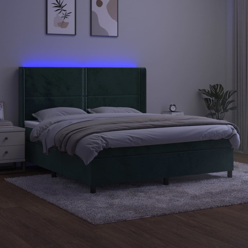 Box spring krevet s madracem i LED tamno zeleni 160x200 cm baršun