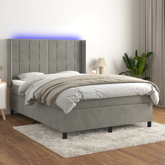 Box spring bed with mattress &amp; LED light grey 140x200 cm velvet