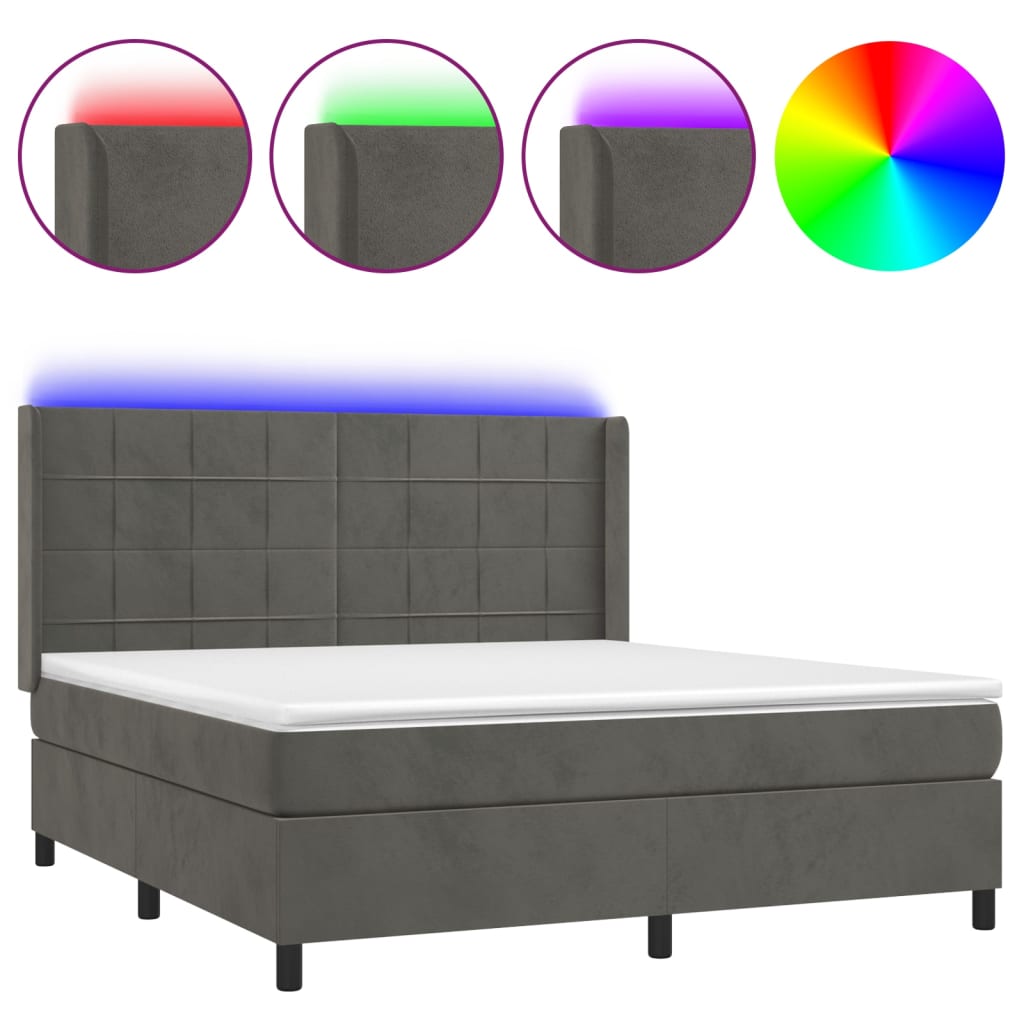 Box spring krevet s madracem i LED tamno sivi 160x200 cm baršun