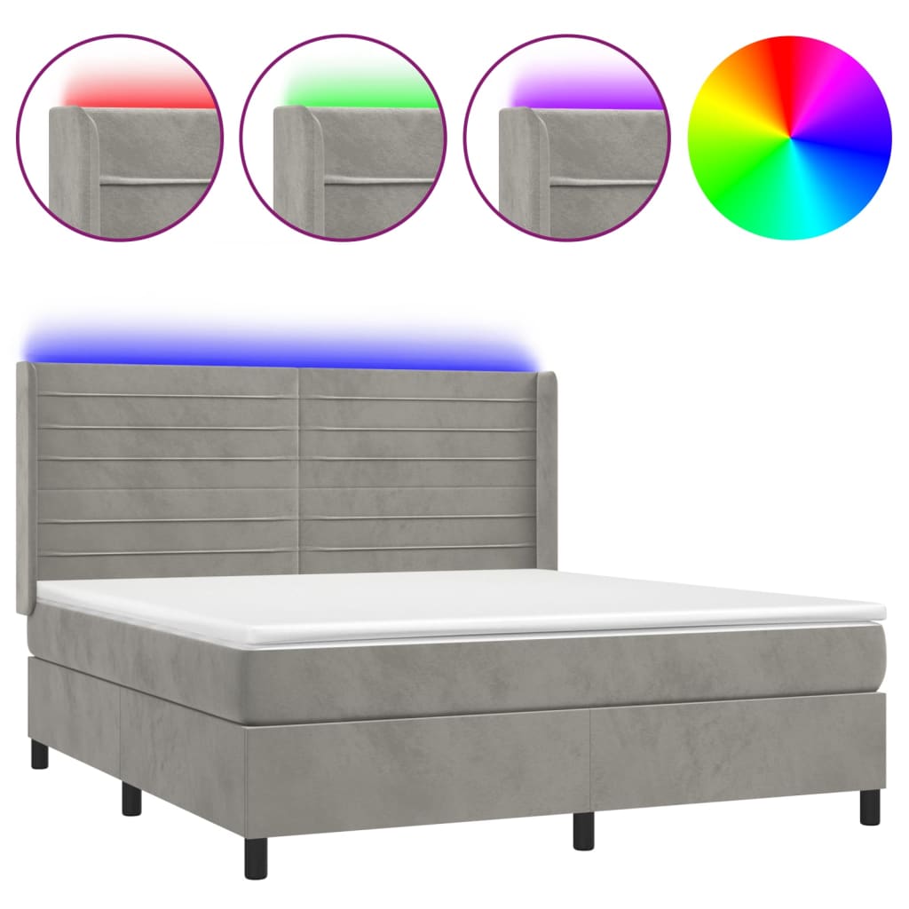 Box spring bed with mattress &amp; LED light grey 180x200 cm velvet