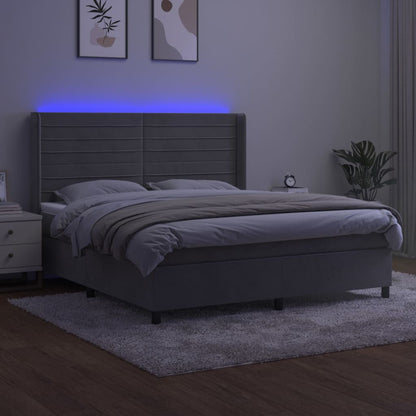 Box spring bed with mattress &amp; LED light grey 180x200 cm velvet