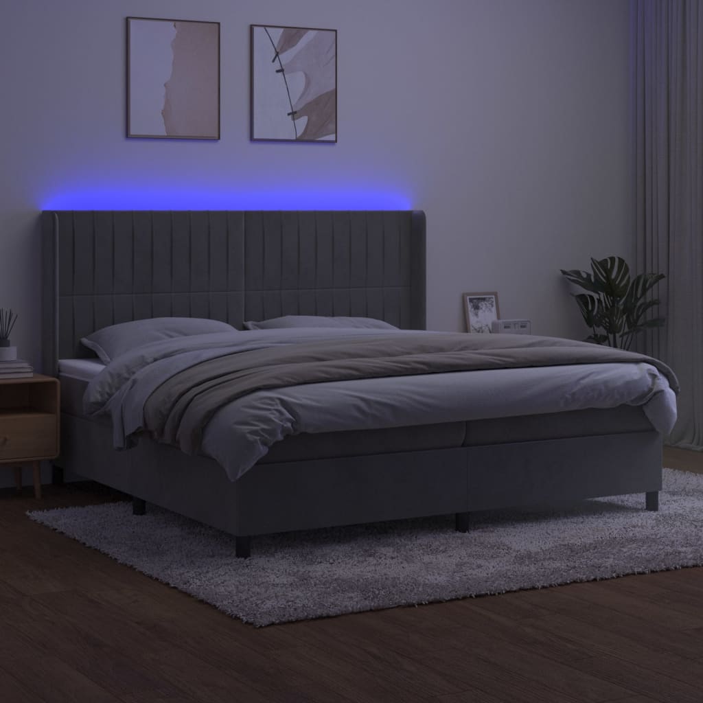 Box spring krevet s madracem i LED svjetlo sivi 200x200 cm baršun